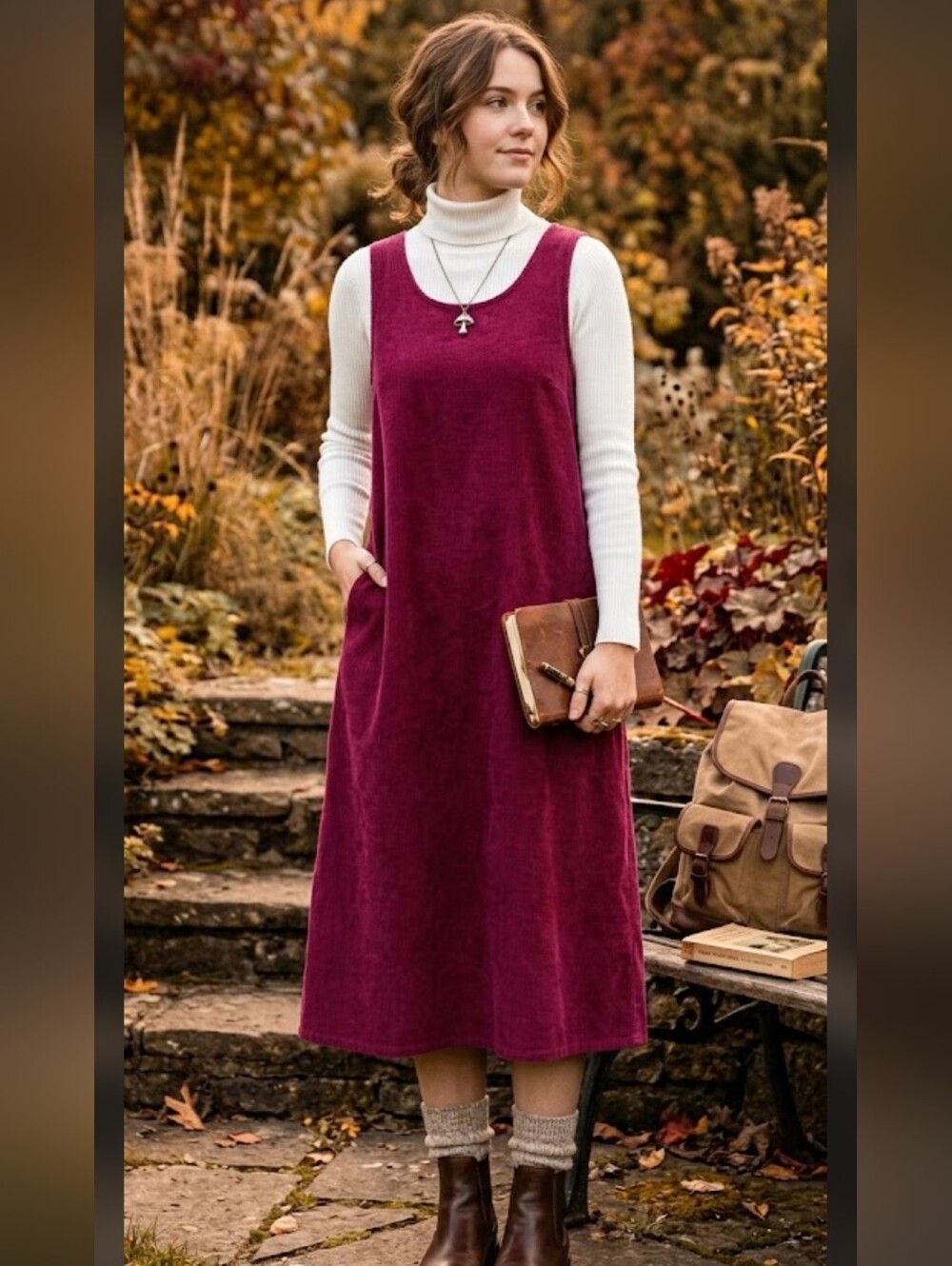 Fads Vintage Corduroy Jumper Midi Dress 10 Burgundy Pinafore 90s Grunge 7500